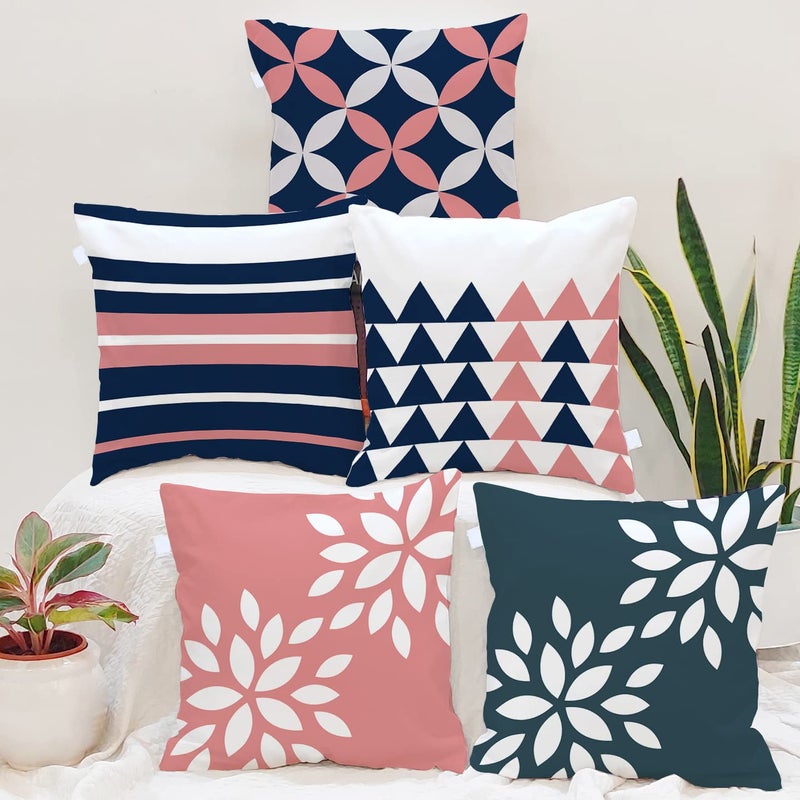 BRICK HOME Set of 5 Printed Polycotton Cushion Covers 24x24 Inches | Geometric & Floral Pattern | Navy Blue, Blush Pink & White | Soft Fabric Decorative Pillow Covers for Sofa, Couch & Living Room - Image 5