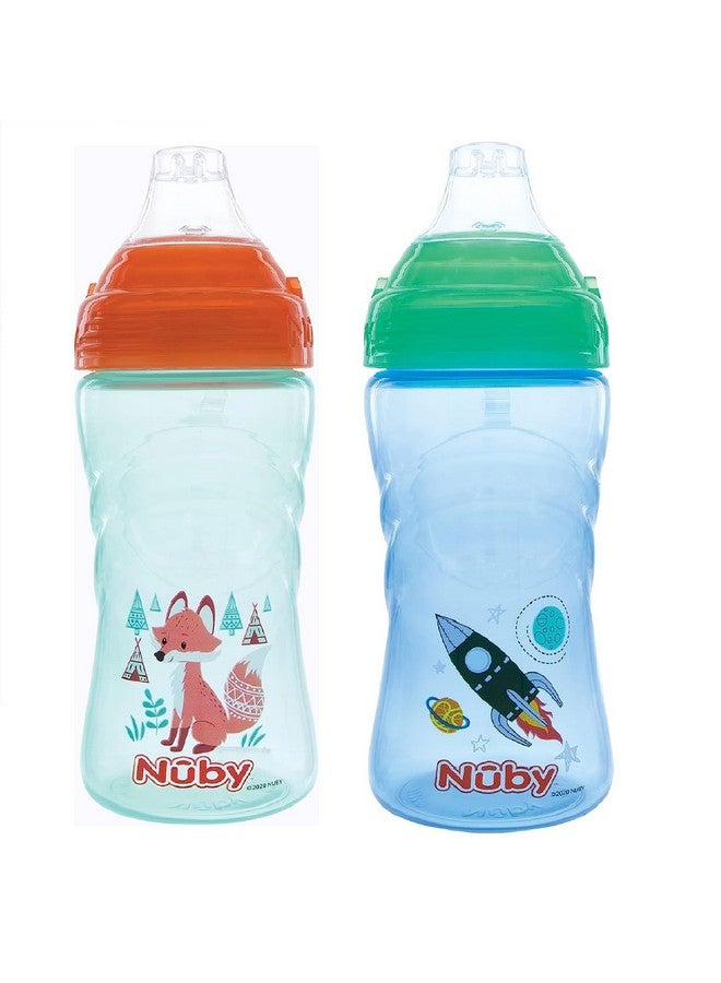 Nuby No Spill Printed Thirsty Kids No-Spill Sip-it Sport Cup with Soft Spout and Lid - 12oz / 360 ml, 12+ Months, Pack of 2, Green/Orange - Image 1