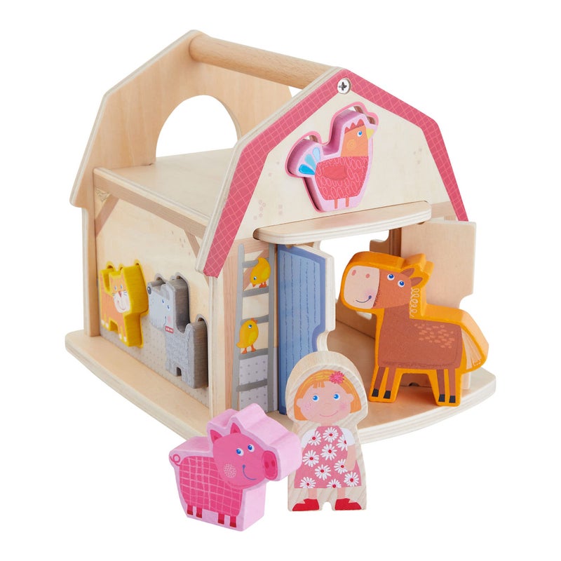 هابا Haba Farmhouse Sorting Box Toy Wooden Shape Sorter Toy مع 6 حيوانات مزرعة خشبية مكتنزة - Image 1