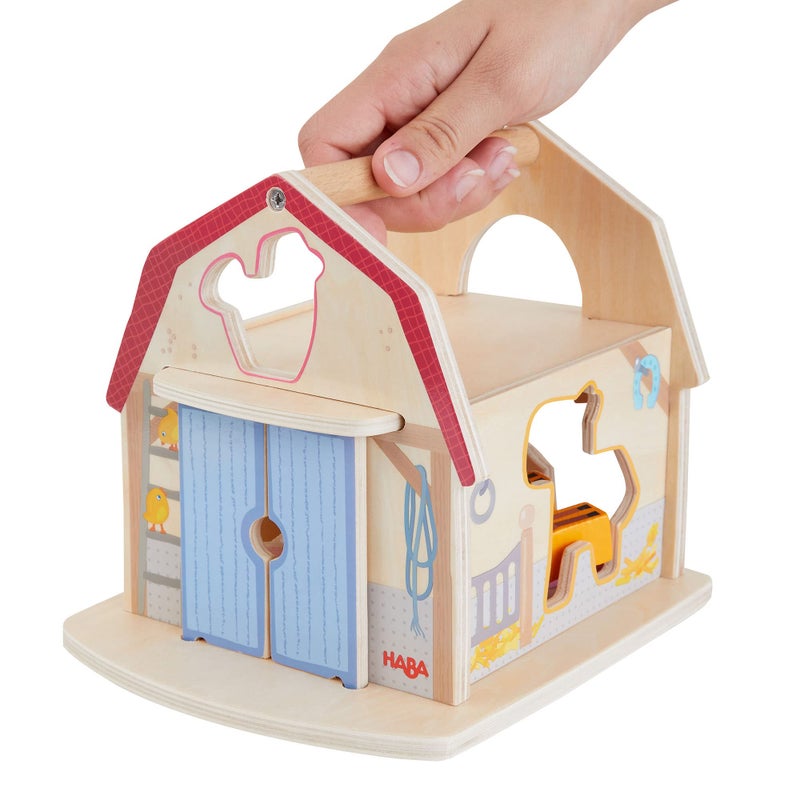 هابا Haba Farmhouse Sorting Box Toy Wooden Shape Sorter Toy مع 6 حيوانات مزرعة خشبية مكتنزة - Image 5