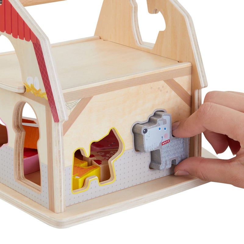 هابا Haba Farmhouse Sorting Box Toy Wooden Shape Sorter Toy مع 6 حيوانات مزرعة خشبية مكتنزة - Image 3