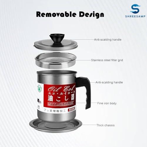 SHREESAMP Bacon Grease Container with Fine Mesh Strainer – 1L Stainless Steel Oil Storage Can with Lid And Anti-Slip Tray for Frying Oil, Cooking Grease, Ghee And Bacon Fat – Dust-Proof & Durable - Image 2