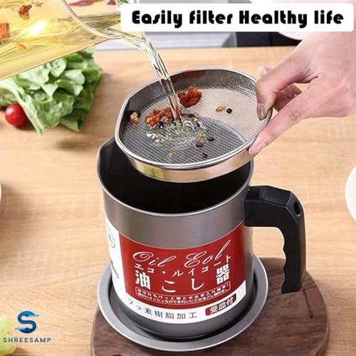 SHREESAMP Bacon Grease Container with Fine Mesh Strainer – 1L Stainless Steel Oil Storage Can with Lid And Anti-Slip Tray for Frying Oil, Cooking Grease, Ghee And Bacon Fat – Dust-Proof & Durable - Image 3