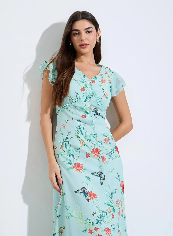 Styli Green Floral Print V Neck Maxi Dress