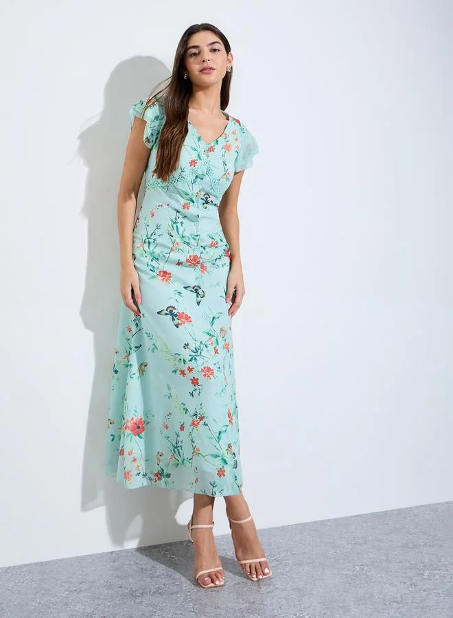 Styli Green Floral Print V Neck Maxi Dress