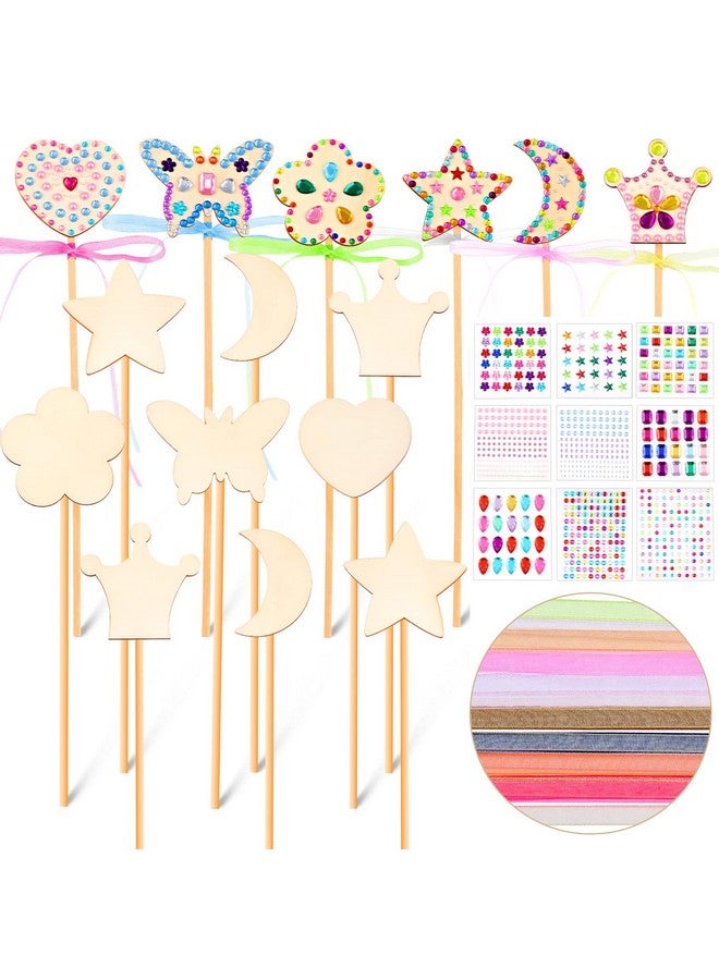 Chinco Princess Fairy Wands Kit Include Wooden Fairy Wands, Gem Stickers, Ribbons Unfinished Wooden DIY Magical Crafts Moon Butterfly Magical Crafts for Girls Make Your Own Princess(36 Sets) - Image 1