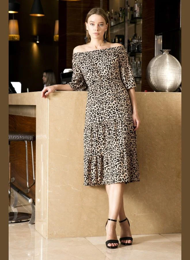 Lela Lela Patterned Carmen Neckline Truvakar Sleeve Midi Dress Women's Dress 5863718