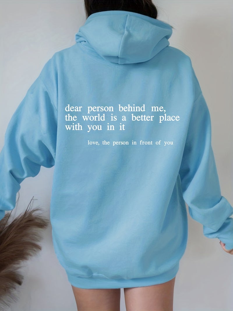 Foreign Trade Womens Velvet Sweatshirt Plain Slogan Printed Kangaroo Flap Pocket Pants Drawstring Printed Hoodie Sky blue