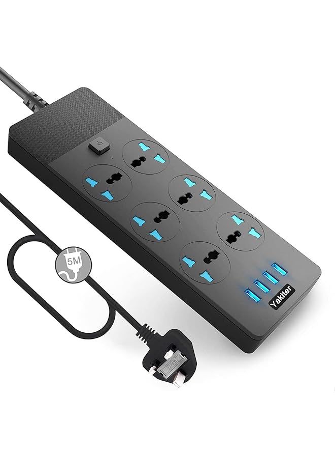 Yakiter Yakiter Universal Power Strips Extension Lead Outlets, All in one Wall Plug Adapter with 4 (3.1A) USB Hub & 6 Gang Smart Electrical Sockets,Surge Protection Plug Cable Cord for Home Office（5M/16.5FT）  - Image 1