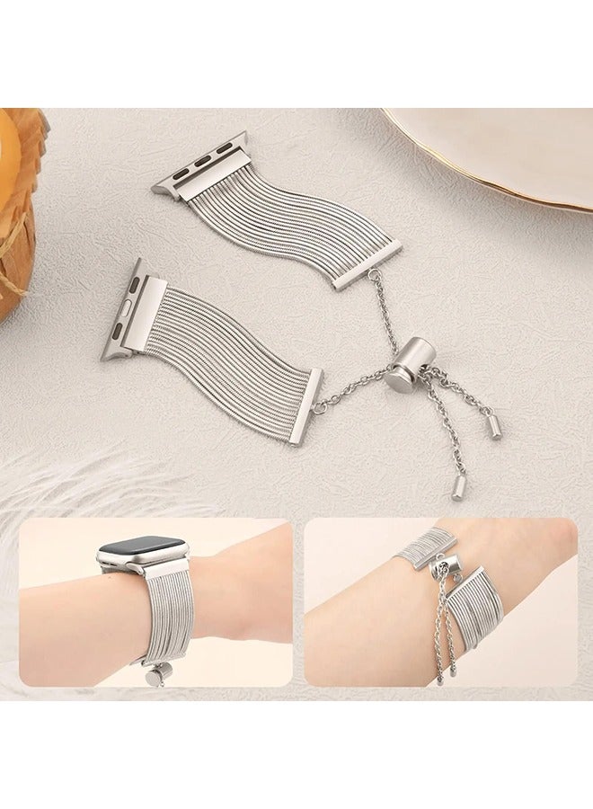 O Ozone Stainless Steel Tassel Band For Apple Watch Series 10 9 8 7 6 5 4 SE, 38/40/41/42mm Dressy Chain Metal Wristband Strap - Silver  - Image 5