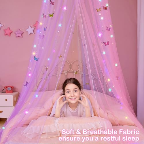 FIOBEE Bed Canopy for Girls Room Bed Canopy Curtains with Led Lights Mosquito Net DIY Princess Room Décor with Stars Butterflies for Kids Bedroom, Hot Pink - Image 3