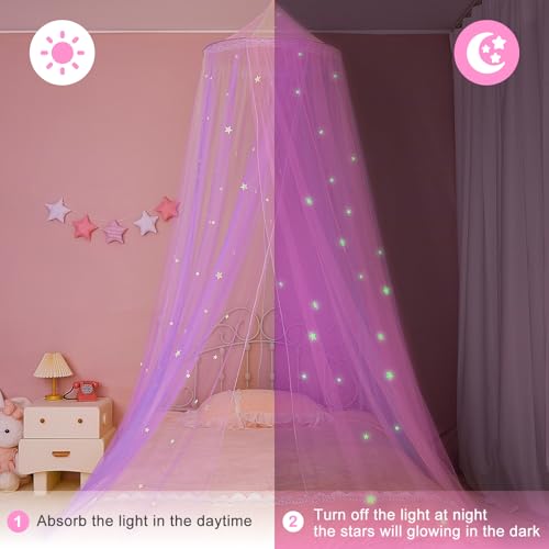 FIOBEE Bed Canopy for Girls Room Bed Canopy Curtains with Led Lights Mosquito Net DIY Princess Room Décor with Stars Butterflies for Kids Bedroom, Hot Pink - Image 4