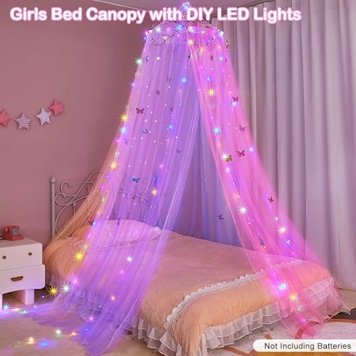 FIOBEE Bed Canopy for Girls Room Bed Canopy Curtains with Led Lights Mosquito Net DIY Princess Room Décor with Stars Butterflies for Kids Bedroom, Hot Pink - Image 2