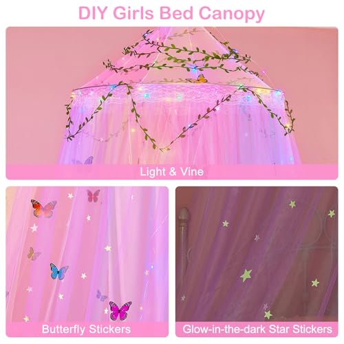 FIOBEE Bed Canopy for Girls Room Bed Canopy Curtains with Led Lights Mosquito Net DIY Princess Room Décor with Stars Butterflies for Kids Bedroom, Hot Pink - Image 5