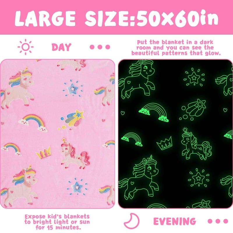 inhand Pink Unicorn Gift for Girl Glow in The Dark Blanket Unicorn Toys Kids Throw Blanket for Couch Soft Fleece Blanket Gift for 4-12 Girls Fuzzy Room Decor Birthday Gifts, 50"X60", Pink - Image 4