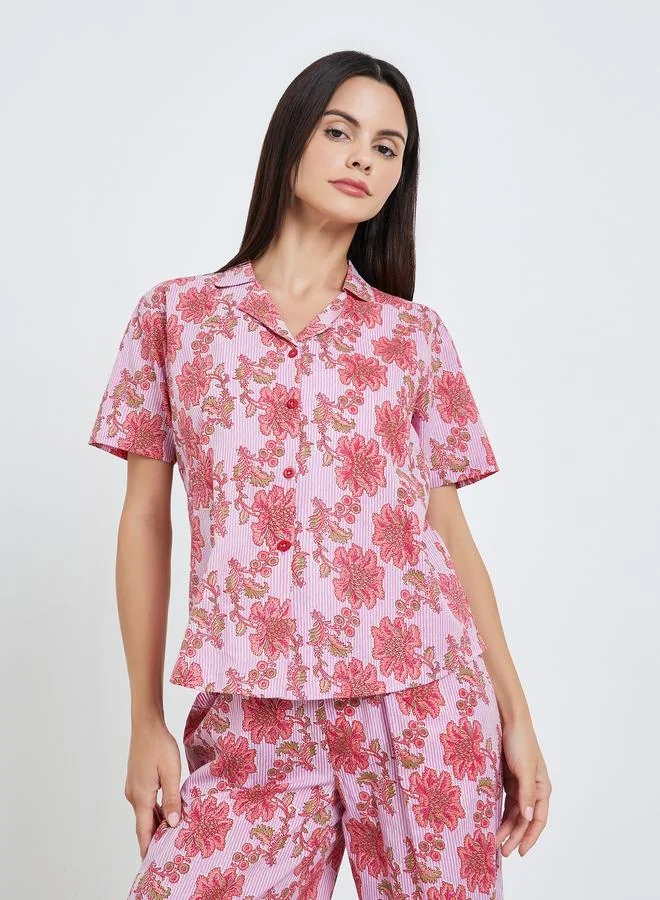 Styli Floral Striped Cotton Shirt and Wide Leg Pyjama Set