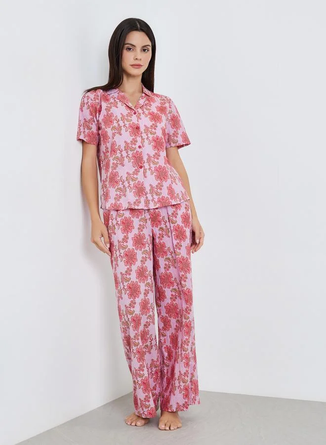 Styli Floral Striped Cotton Shirt and Wide Leg Pyjama Set