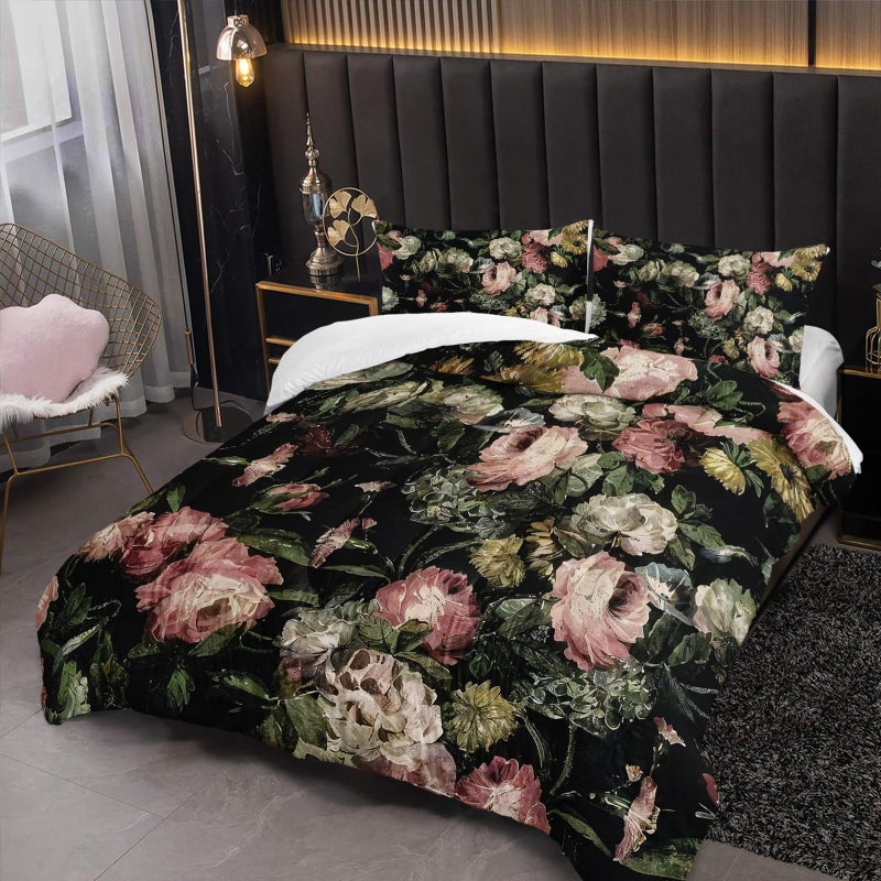 Nttopship Boho Floral Comforter Set Queen Black Floral Bedding Sets 3PCS for Kids Teen Adult Flowers Leaves Room Decor Ultra-Soft Lightweight Microfiber 1 Comforter with 2 Pillowcases - Image 3