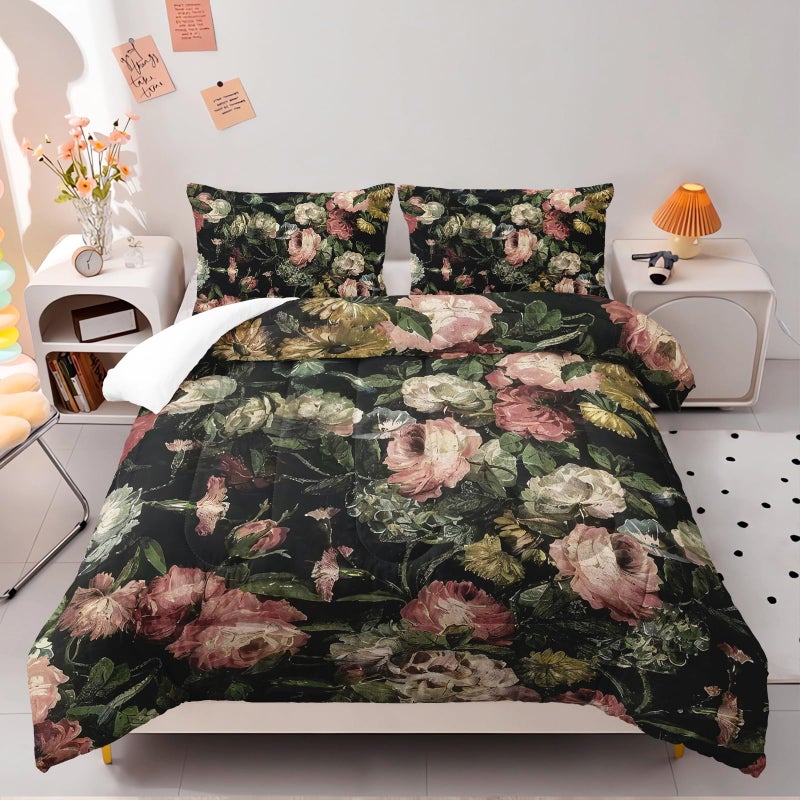 Nttopship Boho Floral Comforter Set Queen Black Floral Bedding Sets 3PCS for Kids Teen Adult Flowers Leaves Room Decor Ultra-Soft Lightweight Microfiber 1 Comforter with 2 Pillowcases - Image 2