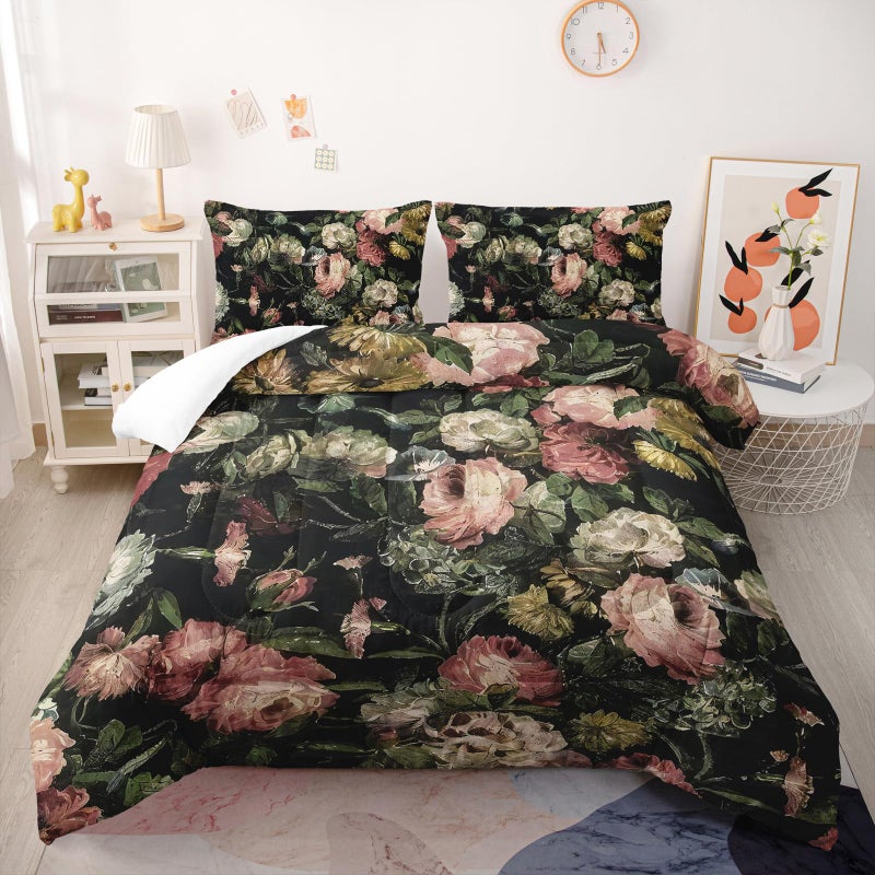 Nttopship Boho Floral Comforter Set Queen Black Floral Bedding Sets 3PCS for Kids Teen Adult Flowers Leaves Room Decor Ultra-Soft Lightweight Microfiber 1 Comforter with 2 Pillowcases - Image 1