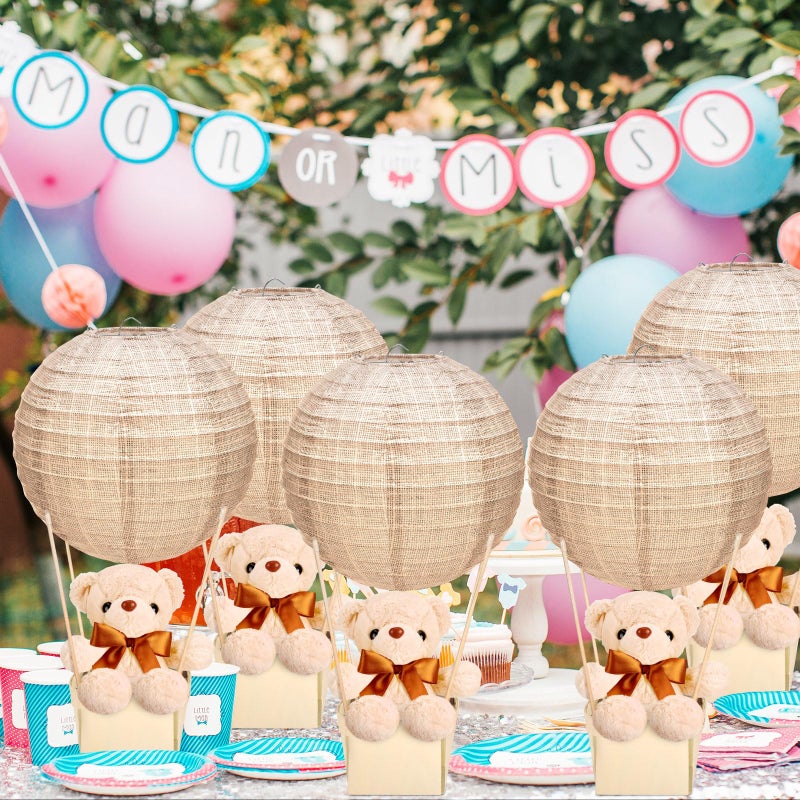 Baquler 12 Sets Bear Hot Air Balloon Table Centerpieces for Baby Shower,DIY Paper Lanterns Stuffed Plush Bear Wooden Basket with Stick Adhesive Tape for Wedding Birthday Gender Reveal Party(Linen) - Image 5