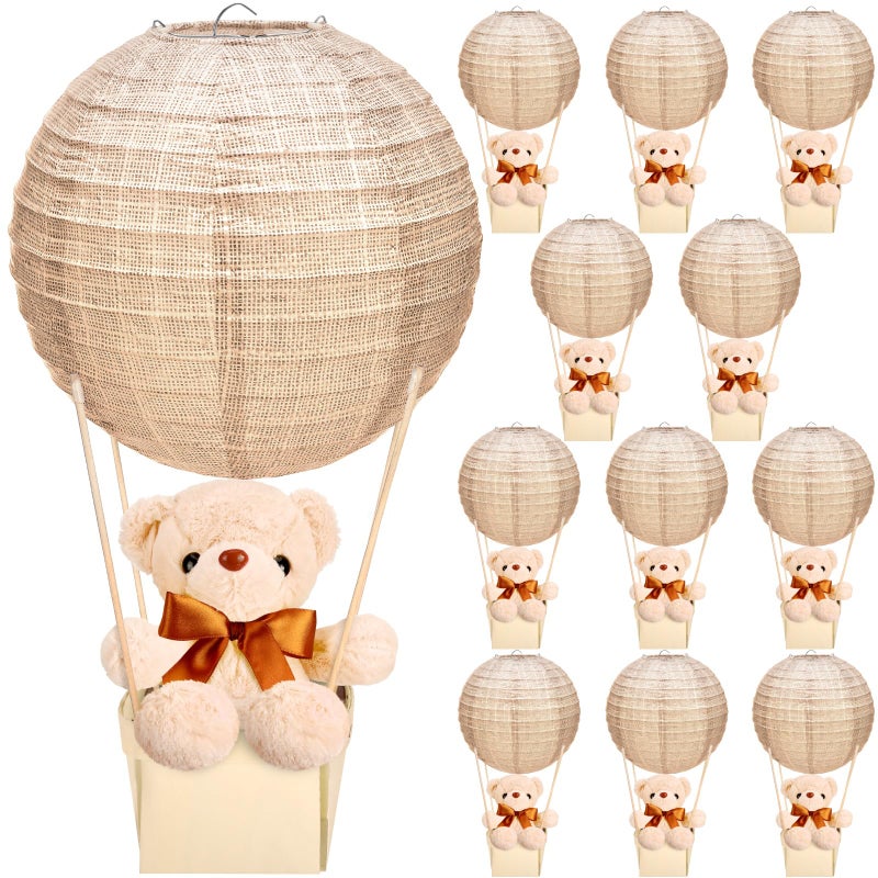 Baquler 12 Sets Bear Hot Air Balloon Table Centerpieces for Baby Shower,DIY Paper Lanterns Stuffed Plush Bear Wooden Basket with Stick Adhesive Tape for Wedding Birthday Gender Reveal Party(Linen) - Image 1