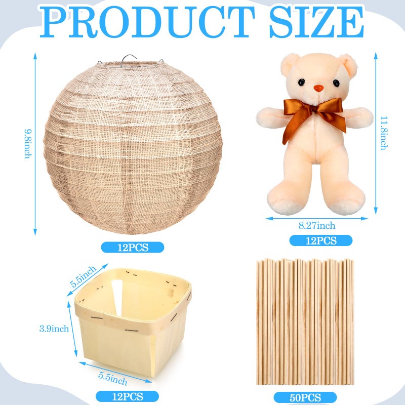 Baquler 12 Sets Bear Hot Air Balloon Table Centerpieces for Baby Shower,DIY Paper Lanterns Stuffed Plush Bear Wooden Basket with Stick Adhesive Tape for Wedding Birthday Gender Reveal Party(Linen) - Image 2