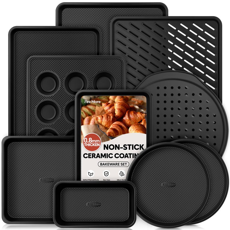 Fire More 10-Piece Nonstick Baking Pan Set, 0.8MM Thick Stackable Bakeware Sets Including Cookie Sheets for Baking, Cooling Rack, Muffin Pan, Cake Pan, Pizza Pan, Loaf Pan - Image 1