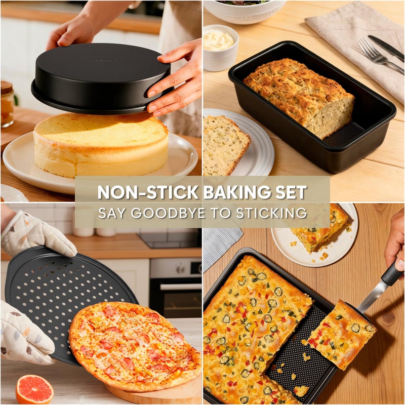Fire More 10-Piece Nonstick Baking Pan Set, 0.8MM Thick Stackable Bakeware Sets Including Cookie Sheets for Baking, Cooling Rack, Muffin Pan, Cake Pan, Pizza Pan, Loaf Pan - Image 4