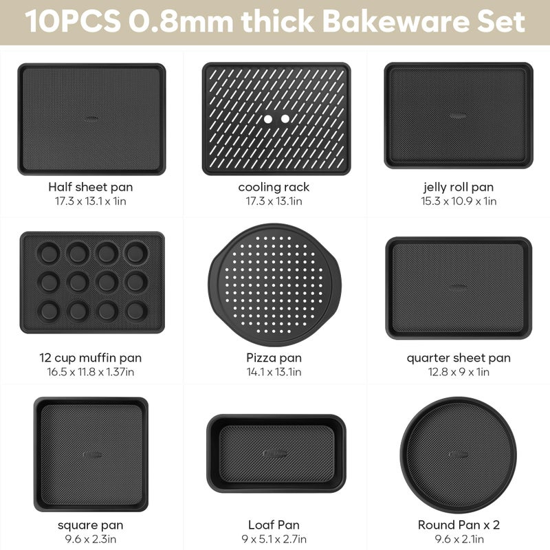 Fire More 10-Piece Nonstick Baking Pan Set, 0.8MM Thick Stackable Bakeware Sets Including Cookie Sheets for Baking, Cooling Rack, Muffin Pan, Cake Pan, Pizza Pan, Loaf Pan - Image 2