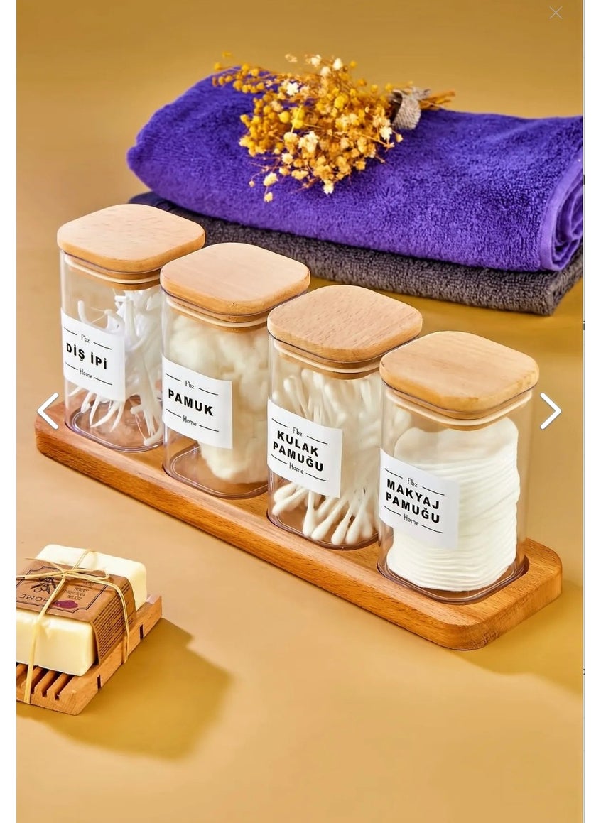 Fbz Home 4-Piece Mica Cotton Buds & Cotton & Makeup Cotton & Dental Floss Organizer Storage Box with Wooden Stand  - Image 1