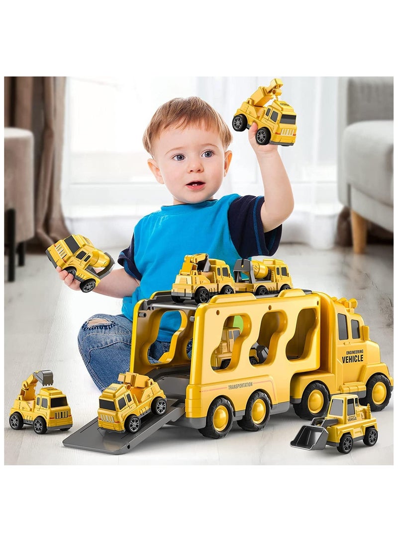 Soofam Transport Truck Toy, 5 in 1 Toddler Fire Truck, Friction Powered Car Toy with Lights and Sounds for Kids, Boys 3yrs 4yrs 5yrs 6yrs (yellow) - Image 1