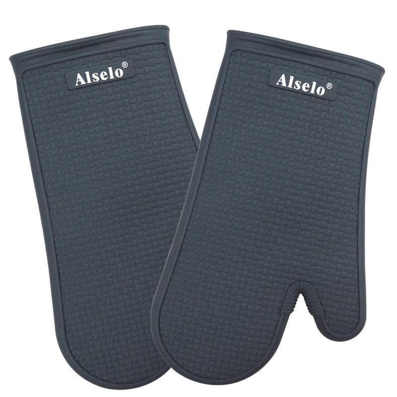 Alselo Oven Mitts Heat Resistant Silicone Kitchen Gloves for 550 Degrees with Waterproof and NonSilp Set of 2 Oven Gloves for Baking Cooking Barbecue Microwave Machine Washable Grey 2