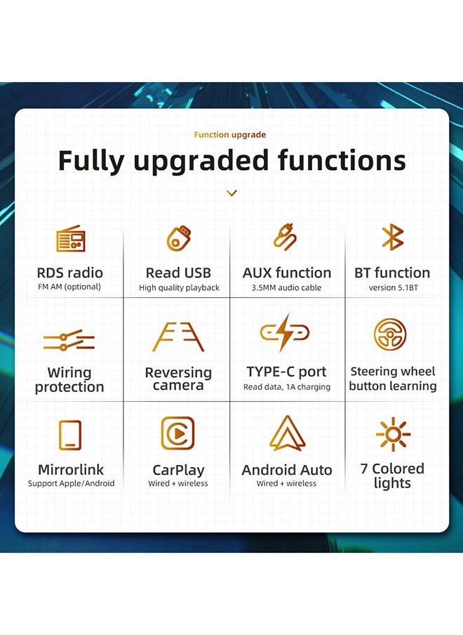 شاشة سيارة ذكية قابلة للسحب مقاس 7 بوصات - CarPlay و Android Auto لاسلكيان | كاميرا الرجوع للخلف 12LED | شاشة لمس عالية الدقة | مكالمات بلوتوث بدون استخدام اليدين | راديو FM/AM | تشغيل الوسائط المتعددة | دعم 14 لغة (بما في ذلك العربية)