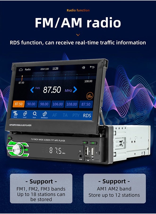 شاشة سيارة ذكية قابلة للسحب مقاس 7 بوصات - CarPlay و Android Auto لاسلكيان | كاميرا الرجوع للخلف 12LED | شاشة لمس عالية الدقة | مكالمات بلوتوث بدون استخدام اليدين | راديو FM/AM | تشغيل الوسائط المتعددة | دعم 14 لغة (بما في ذلك العربية)