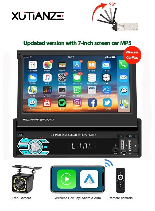 XUTIANZE 7-Inch Retractable Smart Car Screen – Wireless CarPlay & Android Auto | 12LED Reversing Camera | HD Touch Display | Bluetooth Hands-Free Calls | FM/AM Radio | Multimedia Playback | Supports 14 Languages (Including Arabic) - Image 1
