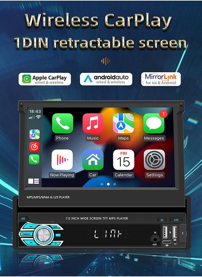 XUTIANZE - 7-Inch Retractable Smart Car Screen – Wireless CarPlay & Android Auto | 12LED Reversing Camera | HD Touch Display | Bluetooth Hands-Free Calls | FM/AM Radio | Multimedia Playback | Supports 14 Languages (Including Arabic) - Image 1