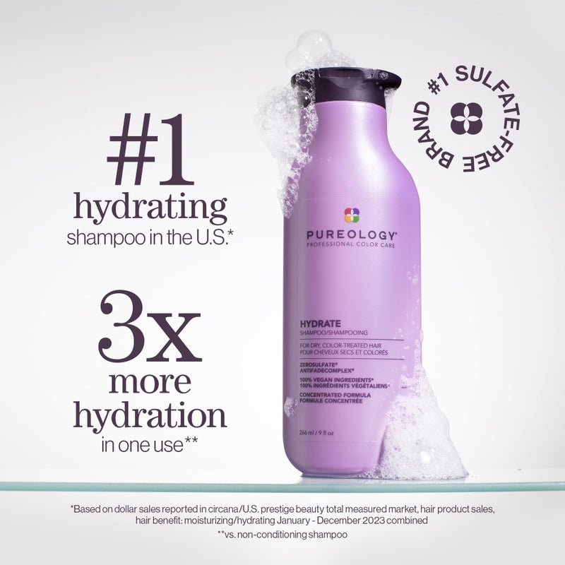 Pureology Hydrate Shampoo - For Dry or Color Treated Hair, Moisturizing Shampoo For Hydration & Softness, With Rose Extract & Green Tea, Vegan & Sulfate-Free, 9 Fl Oz - Image 2