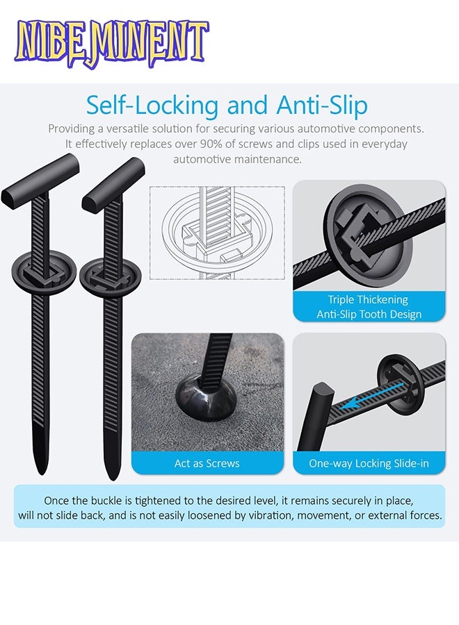 NIBEMINENT Upgraded Nylon Universal Cable Tie Buckles, Nylon Zip Ties Holders Kit[100+100Pcs Pin & Button], Automotive Zipper Clips Self-Locking T Rivet Zipties for Car Fender Trunk Bumper Repair, Home & Garage - Image 3