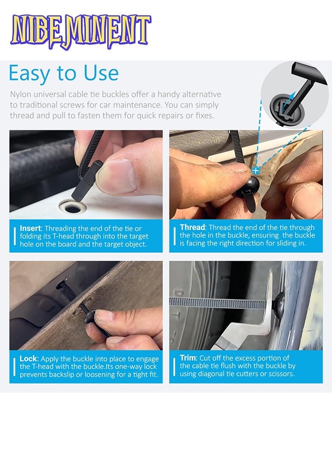 NIBEMINENT Upgraded Nylon Universal Cable Tie Buckles, Nylon Zip Ties Holders Kit[100+100Pcs Pin & Button], Automotive Zipper Clips Self-Locking T Rivet Zipties for Car Fender Trunk Bumper Repair, Home & Garage - Image 5