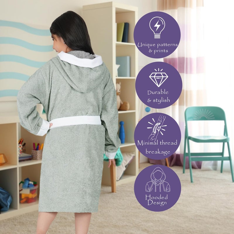 Rangoli Noble 100% Cotton Terry Kids Bathrobe - Ultra Soft Plush Hooded Bathrobe for Girls, Grey - Image 3