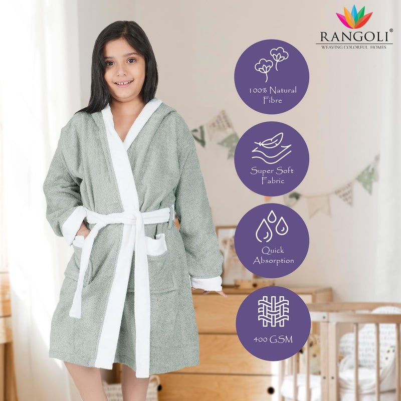 Rangoli Noble 100% Cotton Terry Kids Bathrobe - Ultra Soft Plush Hooded Bathrobe for Girls, Grey - Image 2