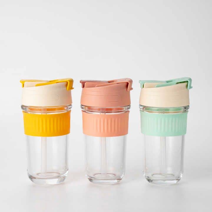 Giyanza 500ML Dual Drink Borosilicate Glass Reusable Travel Coffee and Tea Cup Mug Tumbler Leak Proof with Sipper Straw Lock Lid for Home Office Gifts New Shaker Pack of 1 Multi Color - Image 2