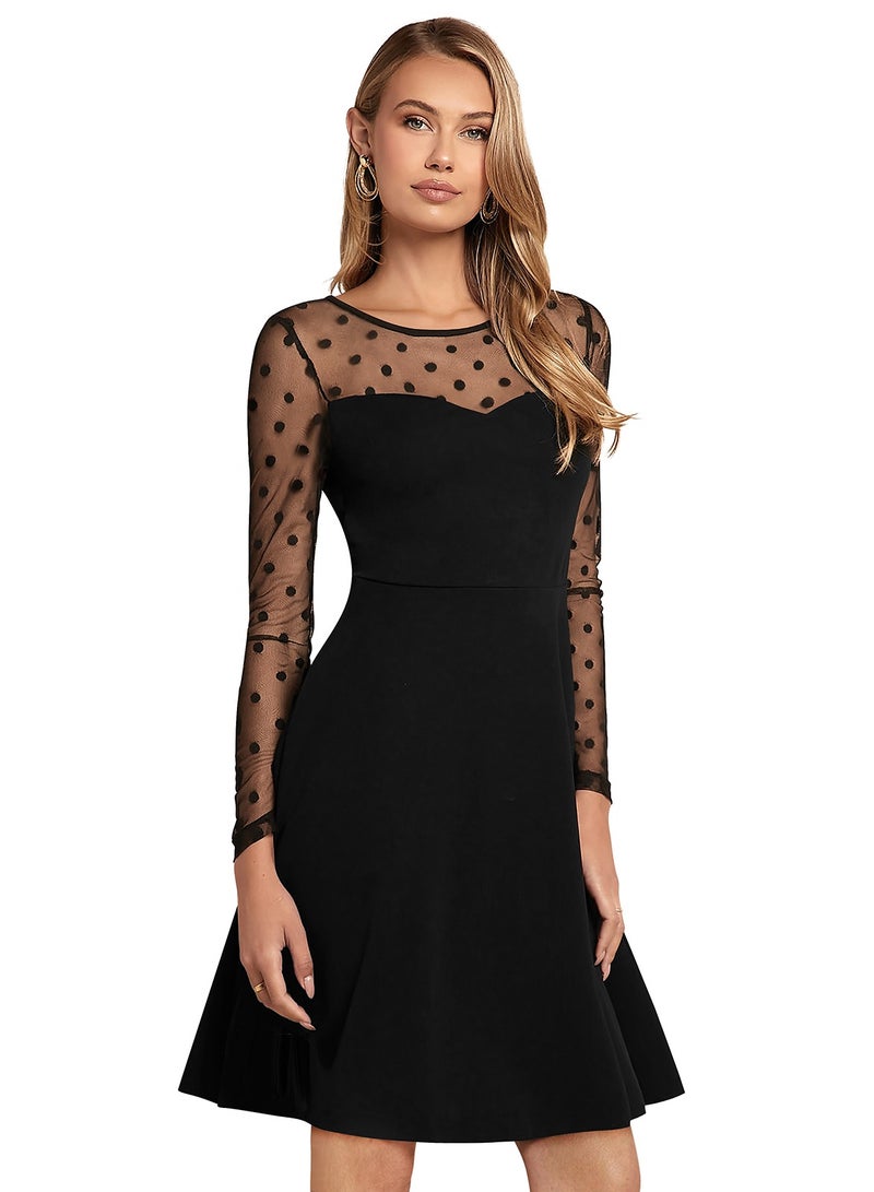 Black Polka Dot Mesh Long Sleeve Dress  - Image 3