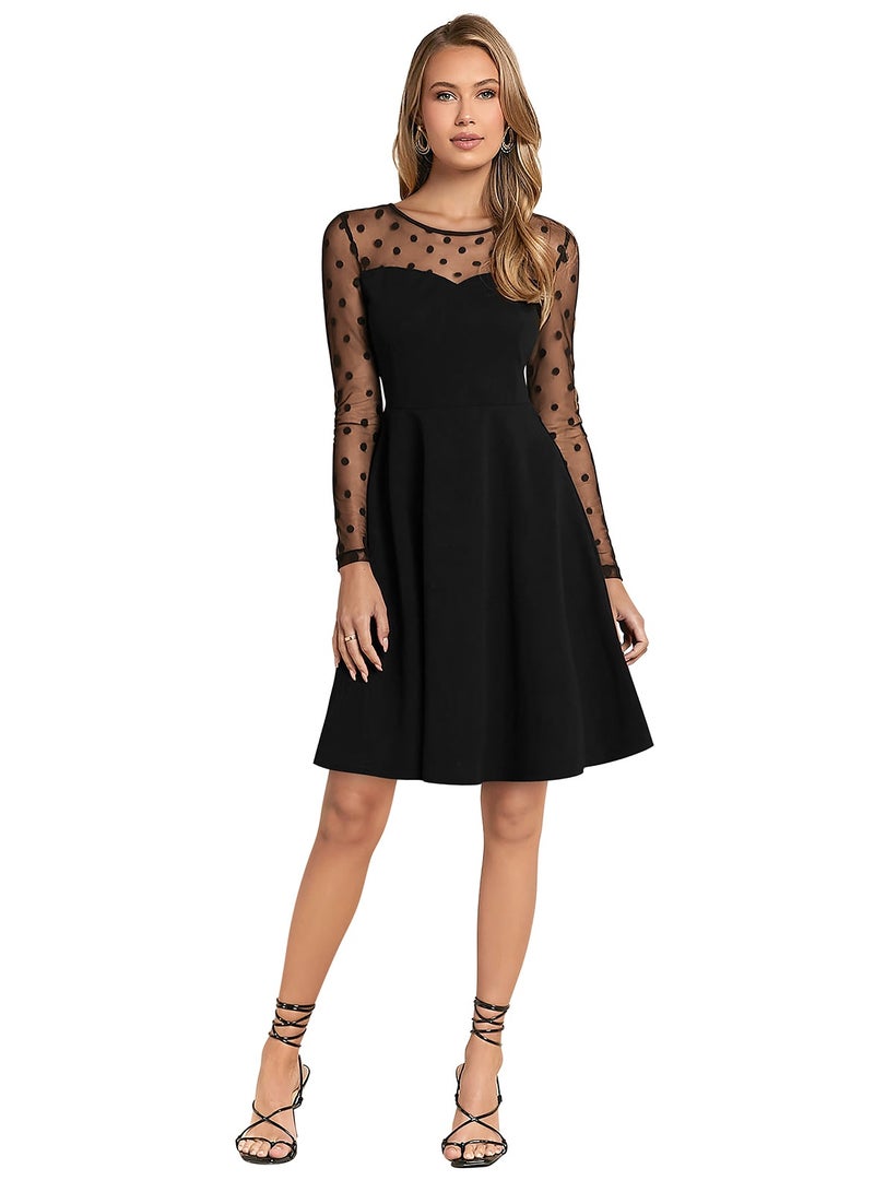 Black Polka Dot Mesh Long Sleeve Dress  - Image 1