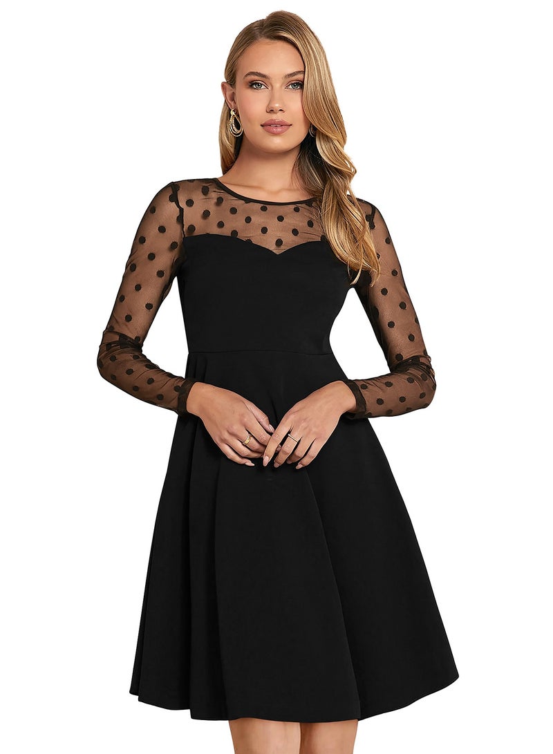Black Polka Dot Mesh Long Sleeve Dress  - Image 2