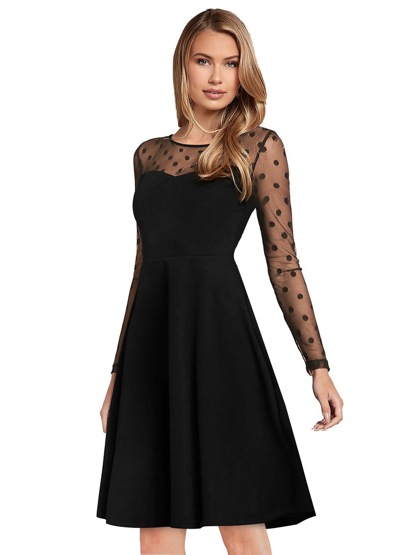 Black Polka Dot Mesh Long Sleeve Dress  - Image 4