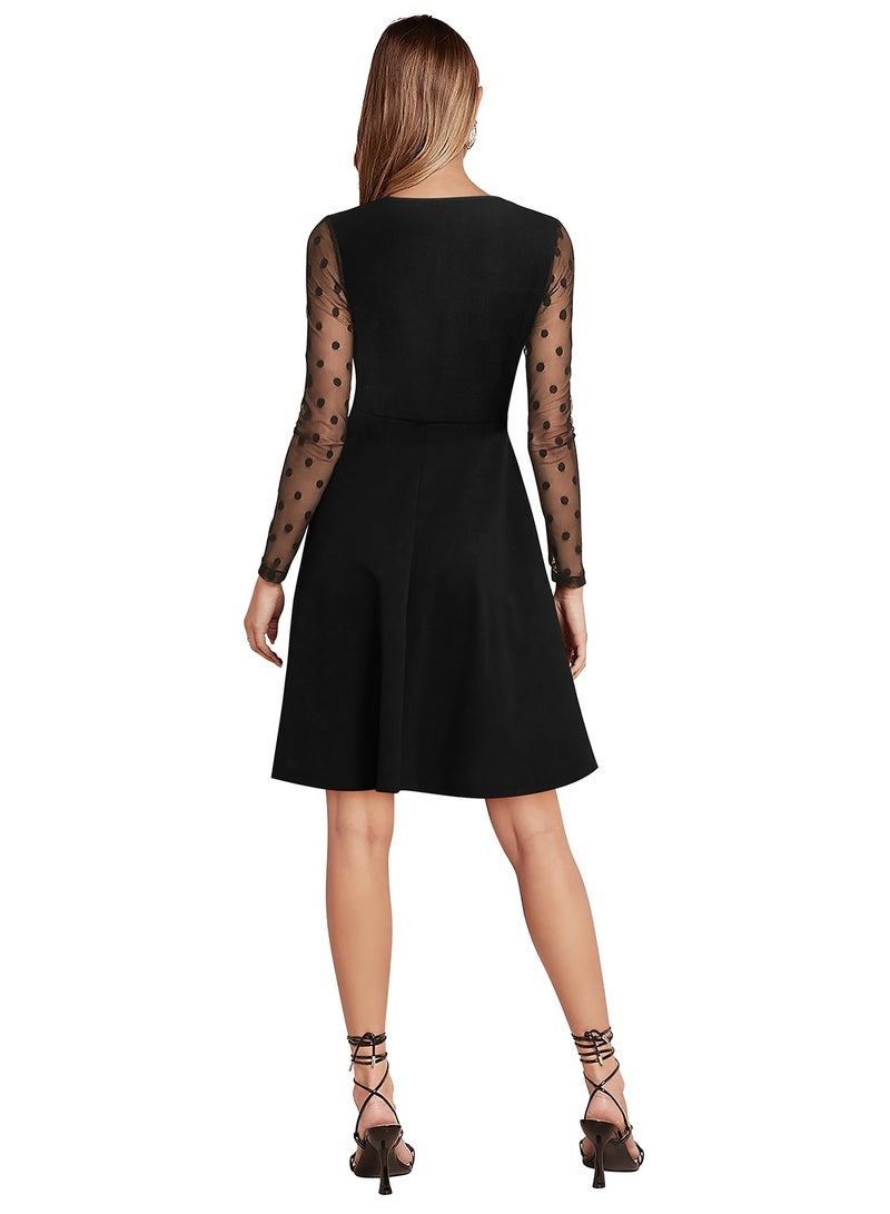 Black Polka Dot Mesh Long Sleeve Dress  - Image 5