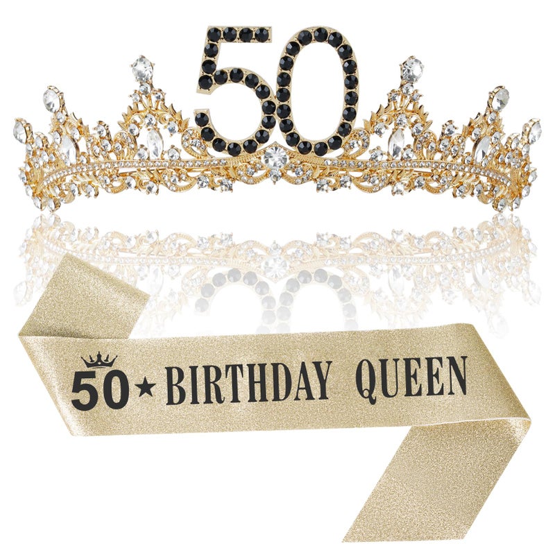 Uiorgui 50th Birthday Crown and Sash for Women, 50 Tiara Black Gold 50th Birthday Decorations Gifts Favors for Female Friends Sister Wife Mom - Image 1