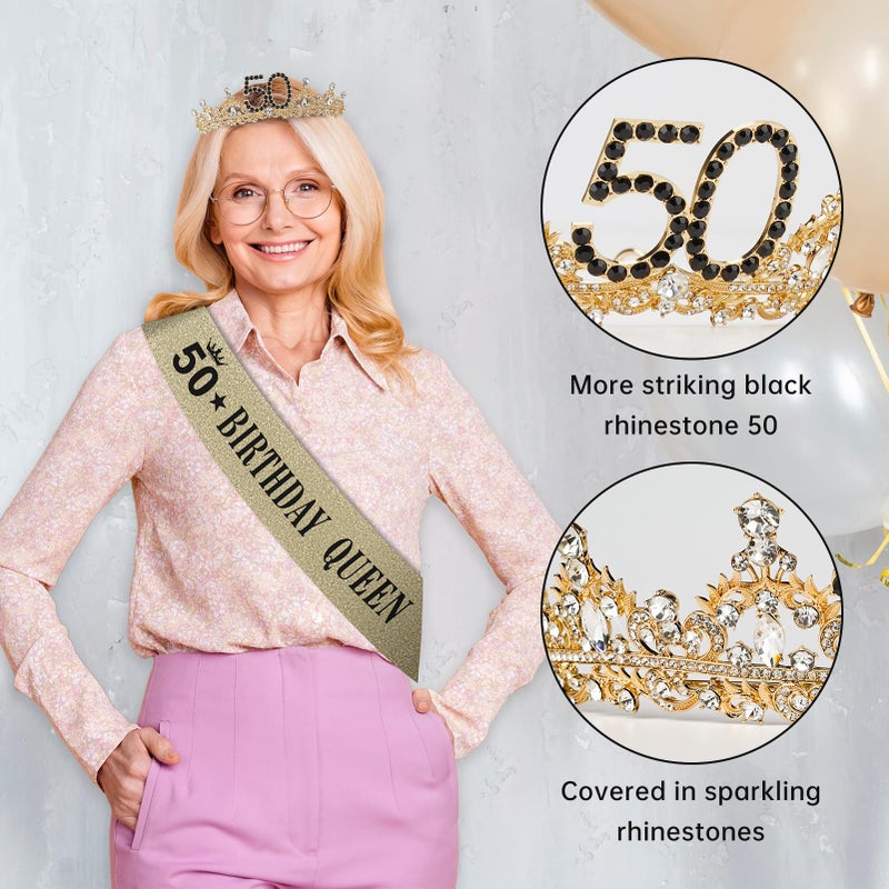 Uiorgui 50th Birthday Crown and Sash for Women, 50 Tiara Black Gold 50th Birthday Decorations Gifts Favors for Female Friends Sister Wife Mom - Image 3